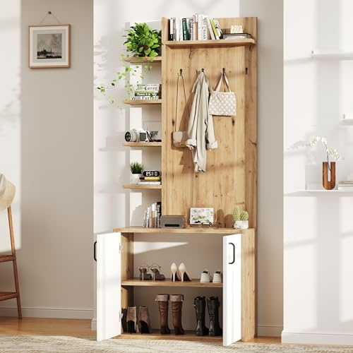 ModernLuxe Coat Rack with 2-Tier Shoe Rack, 5 Shelves & 4 Hooks, 3-in-1 Hall Tree Entryway Coat Stand, Space-Saving Storage for Hallway, Entryway & Living Room, White + Wood, 75 × 33 × 180 cm
