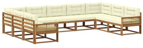 vidaXL Outdoor-Sofagarnitur mit Kissen 9 pcs Natur und Creme, Zeitgemäße Gartenmöbel, modernes Sofa-Set, gemütliche Lounge für den Pool, Sitzgruppe für den Garten