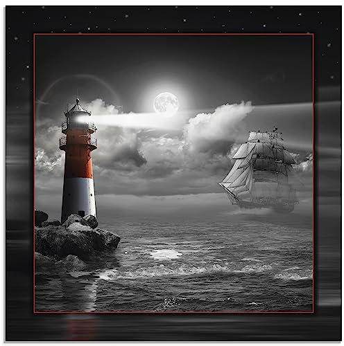 ARTland Wanddeko Glasbilder Wandbild Glas Bild einteilig 50 x 50 cm Maritim Meer Küste Strand Leuchtturm Segelschiff Mond Wolken bei Nacht T6GH