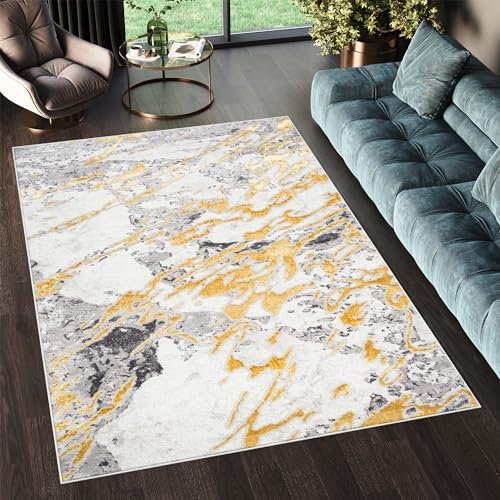 TAPISO Shine Teppich Kurzflor Creme Grau Schwarz Gold Streifen Abstrakt Wohnzimmer Schlafzimmer 3D Optik Modern Design ÖKOTEX 200 x 300 cm