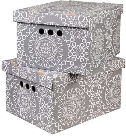 SOFTILLO Cardboard Storage Boxes with Lid Decorative Wardrobe, Closet, Home & Office Organiser with Handle Flat-Packed, Stackable File Box Gift for Adults & Kids Set of 2 XLarge Marocco