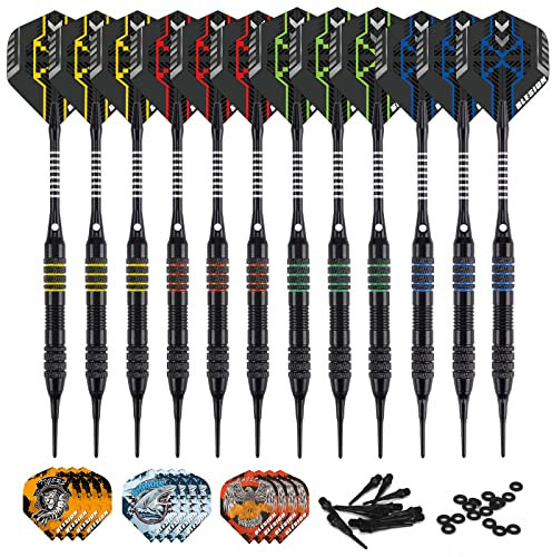 BLESION Dartpfeile mit Kunststoffspitze 12 Stück 18 Gramm Profi Dartpfeile Set für Elektronische Dartscheibe, Dartpfeile mit 12 Flights 20 Gummiringen 50 Dartspitzen (Classic)