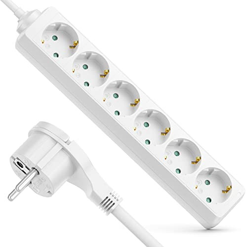 deleyCON 6 Fach Steckdosenleiste mit Flachstecker Stromleiste für Innenbereich 3,0m Kabel Flachkontakt-Stecker Robustes Kunststoffgehäuse Weiß