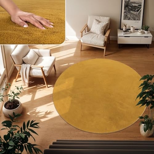 TT Home Wohnzimmer Teppich Kurzflor Anti-Rutsch Rückseite Unifarben Modern Waschbar, Farbe: Dunkelgelb Senfgelb, Größe:200 cm Rund