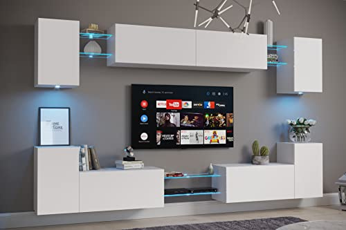 Furnitech Wohnwand Wohnzimmer | Möbel mit LED RGB - 16 Farben | Hängend Modern | Schrankwand mit Regale und TV Schrank (Nairobi D40-M-W16 MATT)