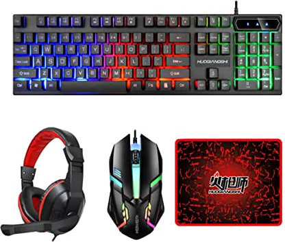 KOMBIUDA Clavier Souris Gaming avec Casque Filaire Et Tapis Souris Rétroéclairé LED Ergonomique Antifatigue pour Ordinateur De Jeu