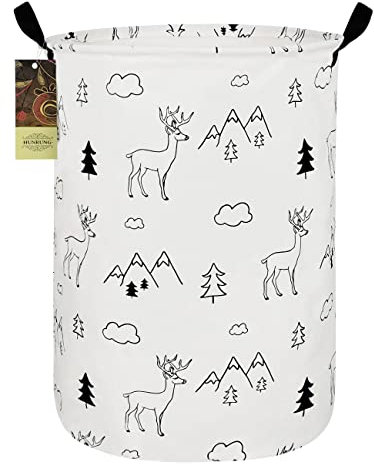 HUNRUNG Laundry Hamper,Large Canvas Fabric Lightweight Storage Basket Toy Organizer Dirty Clothes Collapsible Waterproof for College Dorms, Children Bedroom,Bathroom(Round Forest deer)