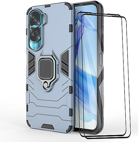 ESTH® Funda para Honor 90 Lite 5G con 2 Piezas Protector de Pantalla, Giratorio Soporte de 360°, Compatible con Soporte Magnético para Coche, Carcasa Azul