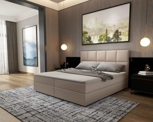 Sofa Dreams Leder Boxspringbett Lederbett Oeste Komplettbett mit Matratze und Topper - Bett in Premium Kunstleder (Beige, 180x200 cm)