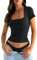 Women's Slim Fit Summer Crop Tops Going Out Short Sleeve Shirts Sexy Square Neck Basic Tshirts Black