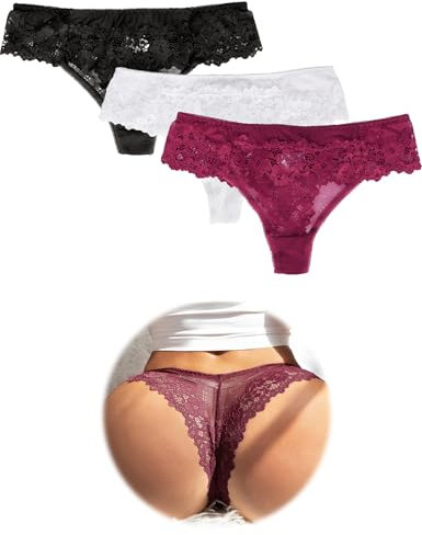 ohmydear 3er Pack String Tanga Große Größen Brasilien Damen Slip Sexy Unterwäsche Niedrige Taille Unterhosen Damen Spitze Slips Bikini Höschen Komfort Panties für Frauen für Alltag L