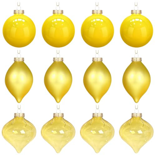 Zomiboo 12 Pcs Yellow Glass Christmas Ball Ornaments Set 3.15 Hanging Shatterproof Glass Bulbs for Christmas Tree Baubles Bulk for Holiday Xmas Tree Decorations Gifts
