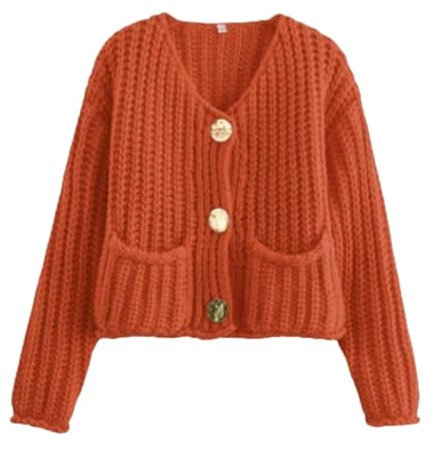 KIJSKKOPO Women's Knitted Cardigan Cropped Sweaters, White Long Sleeves Crew Neck Button Hollow Chunky Cable Knit Coat Casual Stylish Short Jacket Knitwear Top with Pocket Orange M