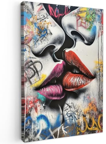 MuchoWow© Leinwand Bilder Groß XXL Wanddeko Wohnzimmer Aesthetic Room Decor | 80x120 cm - Deko Zimmer Wandbilder Modern Bild auf Straßenkunst - Lippen - Kuss - Graffiti