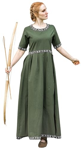 Leonardo Carbone® Damen Kleid Ennlin | Bordüre Design | Schnürung Rücken | Karneval, Halloween, Cosplay, LARP, Mittelalter, Wikinger, Kostüm, A-Linie | 100% Baumwolle Grün XS