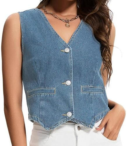 MISS MOLY Women's Vintage Denim Vest 2025 Lightweight Cropped Waistcoat with V-Neck & Back Slit Jean Button Down Gilet