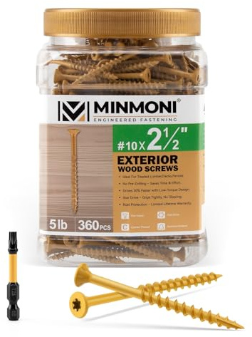 #10 x 2-1/2 Wood Screws (5 lb Box), Trox Flat-Head Exterior Deck Screws 360pcs, Multiple Size Available, Tan, T25 Star Bit Included