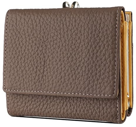 Karoukee Mini Portefeuille à 3 Volets pour Femme, Porte Carte de Crédit avec Blocage RFID, Porte Monnaie Compact en Cuir Véritable avec 8 Fentes pour Cartes et Poche Kiss-Lock - Café