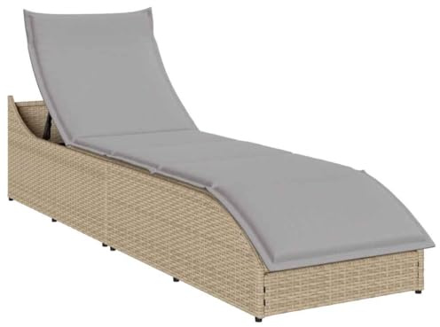 Klappliege mit Auflage und Stauraum Beige Poly-Rattan, Faltbare Gartenliege mit 3-fach Verstellbarer Rückenlehne, Wetterfeste PE-Rattan Sonnenliege für Terrasse, Balkon, Pool, Inkl. Waschbarem Kissen