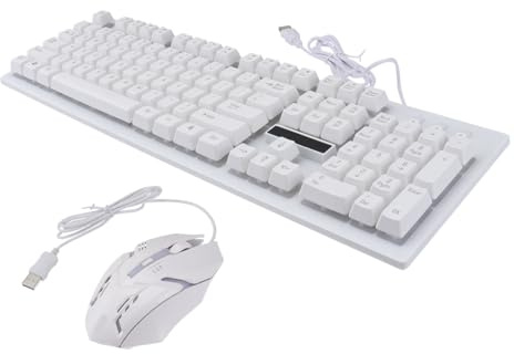 Clavier Souris Filaire Mécanique Lumineux 104 Touches Gamer | Plastique Blanc, Ensemble 1 Pièce Souris 4 Touches, Usage Maison et Café