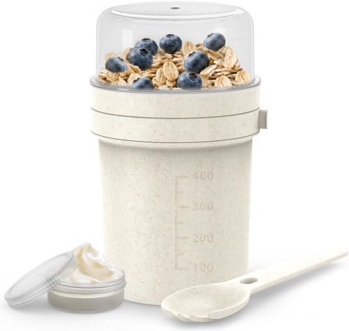 MRUN BONE Gobelet à céréales à emporter, avec cuillère fourchette, gobelet anti-fuite pour yaourt à emporter, pour les déplacements, le travail, l'école, le pique-nique, 450 ml + 250 ml, blanc avoine
