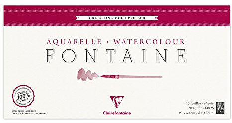 Clairefontaine - Ref 96437C - Fontaine Cold Pressed Watercolour Glued Pad (15 Sheets) - 20 x 40cm Size, 300gsm Paper - Suitable for Watercolour Artwork
