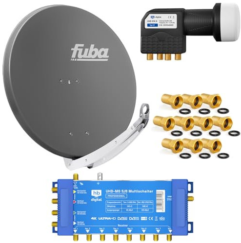 FUBA 8 Teilnehmer Digital SAT Anlage DAA850A + Profi LNB 0,1dB Full HDTV 4K + PMSE Multischalter 5/8 + 24 Vergoldete F-Stecker Gratis dazu