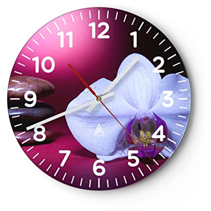 Modern Wanduhr Spa braune Steine weiße Orchidee 30x30cm Rund Klein Wand Uhr Glas Analog Zimmeruhren Küche Büro Wohnzimmer Glasuhr Wall Clock Dekoration Design Wanddekoration Küchenuhr C4AR30x30-0425