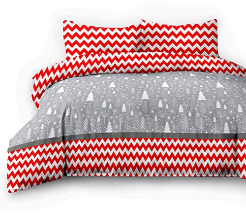 AmeliaHome 06303 4tlg 2 x Biber Bettwäsche 155x220 cm mit 2 Kopfkissenbezügen 80x80 cm 100% Baumwolle Bettbezug Reißverschluss Snuggy Collection Christmas Mess Tannenbaum weiß rot grau