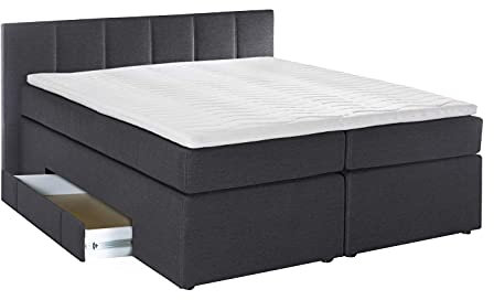 Furniture for Friends Doluna Boxspringbett Valina 180x200cm Anthrazit H3 Kopfteilhöhe 90 cm ideal für Dachschrägen + Bettkasten für Stauraum, 7-Zonen Taschenfederkern-Matratze inkl. Visko-Topper