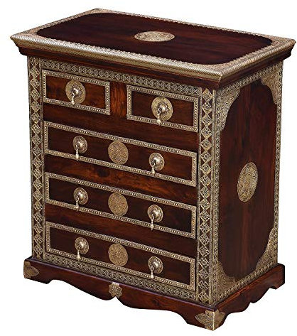 Casa Moro Orientalische Kommode Malek braun 75x45x80 (BxTxH) aus Massivholz Sheesham mit feinen Messingintarsien verziert | Kunsthandwerk Pur | Nachttisch mit 5 Schubladen | MA80-140