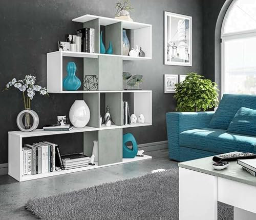 Dmora - Pueblo-Bücherregal, Bücherregal mit 7 Fächern, modernes Büroregal, Wandschrank mit Regalen, 145 x 29 x 145 cm, Weiß und Zement