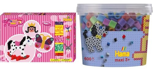 Hama Perlen 8713 Geschenkbox mit ca. 900 bunten Maxi Bügelperlen mit Durchmesser 10 mm & Bügelperlen Dose mit ca. 600 bunten Maxi Bastelperlen mit Durchmesser 10 mm im Pastellmix