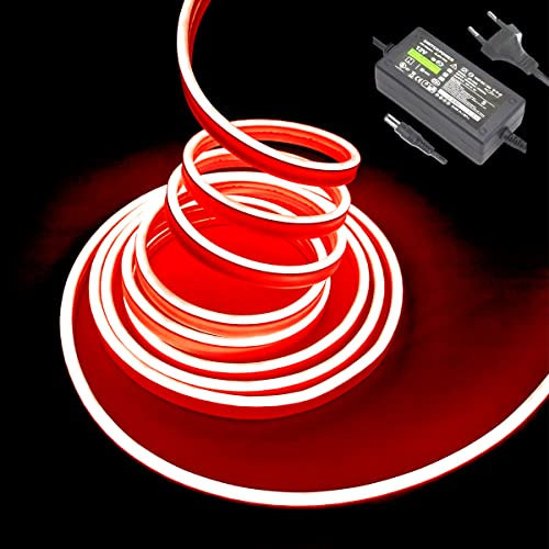Balabaxer Rot Neon-LED-Streifenlichter, 16,4 Fuß/5 m 12 V DC 600 SMD2835 LEDs Wasserdichtes Lichtschlauch für Indoor Outdoor Home Decoration (mit Netzteil)