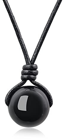 COAI Collier Cordon Cuir Pendentif Rond Obsidienne Noire Homme Femme