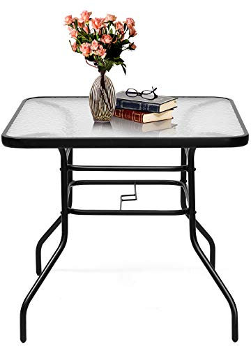 GYMAX Table de Jardin avec Trou de Parasol, Table Extérieur en Verre Trempé, Cadre en Métal, Forme Carrée 81 x 81 x 71 CM, Capacité 80 KG