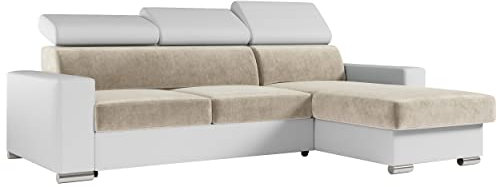 MKS MEBLE Ecksofa Wohnzimmer - Wohnlandschaft - L-Form Couch mit Schlaffunktion - Bettsofa - Wohnzimmer L Couch - Polstersofa mit Bettkasten - Fox Creme Weiß