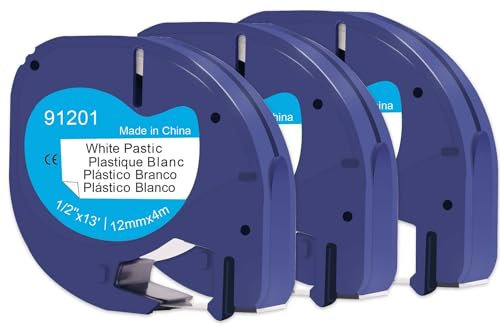 Doree 3pack Compatible Label Tape 91221 91201 S0721660 12mm x 4m Black on White for Dymo LT Label Printer LT-100T、LT-100H