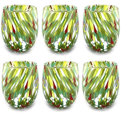 MAZZEGA ART & DESIGN - 6 vasos de agua de cristal soplados y hechos a mano con murrine Murano refinados y originales - Los colores de Murano - Modelo Colombina 435 ml. Made in Italy (Verde, 6)