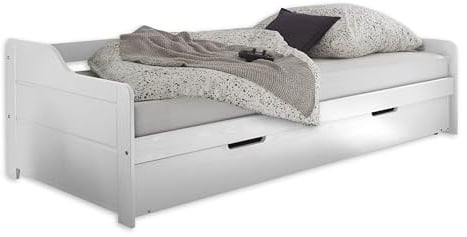 Stella Trading Tristan Tandemliege mit Zwei Liegeflächen Kiefer massiv Weiß | 97 x 60 x 204 cm (B/H/T), ausziehbares Gästebett inklusive 2 Rollroste, für Jugendzimmer geeignet