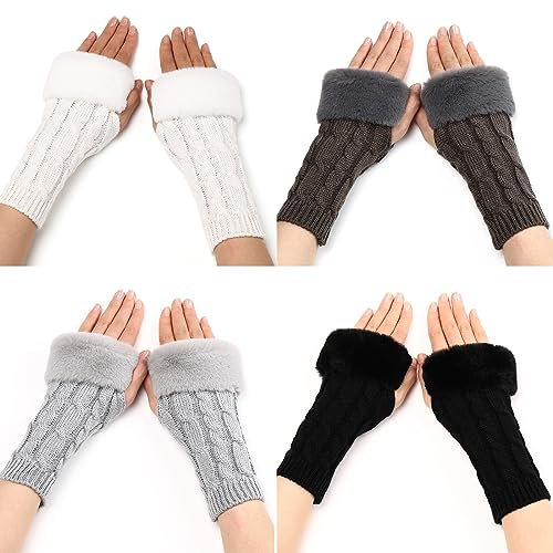TAGVO 4 Paar Damen Fingerlose Handschuhe, Warme Halb Fingerlose Strickhandschuhe für Alltagskleidung, Winter Armstulpen Handschuhe Fingerlos Warm Plüsch Gestrickte Kurze Fäustlinge für Damen Mädchen