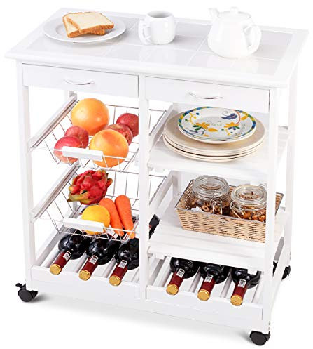 TANGZON Kitchen Trolley on Wheels, Rolling Kitchen Island with Tile Worktop, Wine Racks, Mesh Baskets, Drawers & Slatted Shelves, Wood Utility Serving Cart for Home Bar Dining Living Room (White)