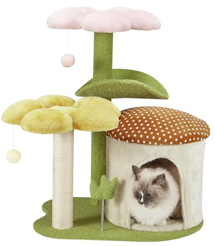 EROMMY Katzenbaum 76 cm Blumen- & Pilzkatzenbaum Kratzbaum mit 2 Plüschbälle und Grasförmiger Plüsch-Federball Katzenspielzeug, Katzenkratzbaum Spielturm Sisal Katzenhaus Kratzsäule, grün