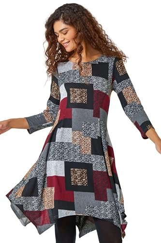 Roman Originals Hanky Hem Swing Dress with Pockets for Women UK Ladies Asymmetric Hemline Stretch Jersey 3/4 Sleeve Winter Smart Casual Work Office Knee Length Tunics - Red Grey - Size 14