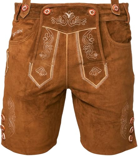 STEIGENHÖFER Lederhose Herren Tracht kurz - Anton - Trachtenhose mit Trägern - 100% Rindsleder - Traditionelle Echtlederhose - Ideal für Dein Oktoberfest Herren Outfit - Mittelbraun - 54