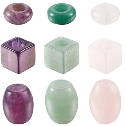 Crafans 9Pcs Natural Gemstone European Beads - Green Aventurine, Rose Quartz & Amethyst - Cube, Barrel & Rondelle Shapes - Large Hole - DIY Bracelet & Jewelry Making