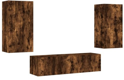 vidaXL Wohnwand 4-TLG., Schrankwand mit viel Stauraum, Anbauwand mit LED-Beleuchtung, Wandmontage Fernsehschrank Wohnzimmer Set Schrank, Räuchereiche Holzwerkstoff