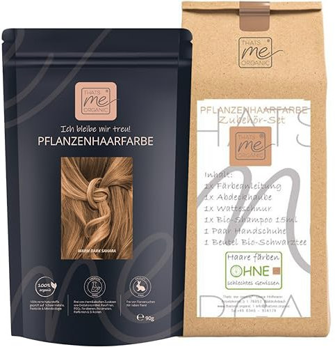 Thats me Organic® Profi Pflanzenhaarfarbe + Zubehörset (warm dark sahara blond) – Bio Haarfarbe ohne Chemie – Haarfarbe für gesundes Haarefärben auch während Schwangerschaft und Stillzeit