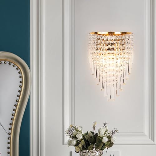 KRIPINC E14 Vintage Kristall Wandleuchte, Wandleuchte Gold, Wandlampe Modern, Wandbeleuchtung Art Deco, Funkelnde Kristall Wandlampe für Wohnzimmer Schlafzimmer Nachttisch