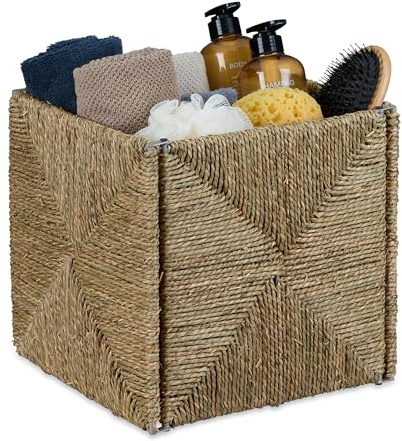 Relaxdays Aufbewahrungskorb Seegras, Regalkorb, Ordnungskorb, Bad, HBT: 30 x 30 x 30 cm, quadratischer Flechtkorb, Natur